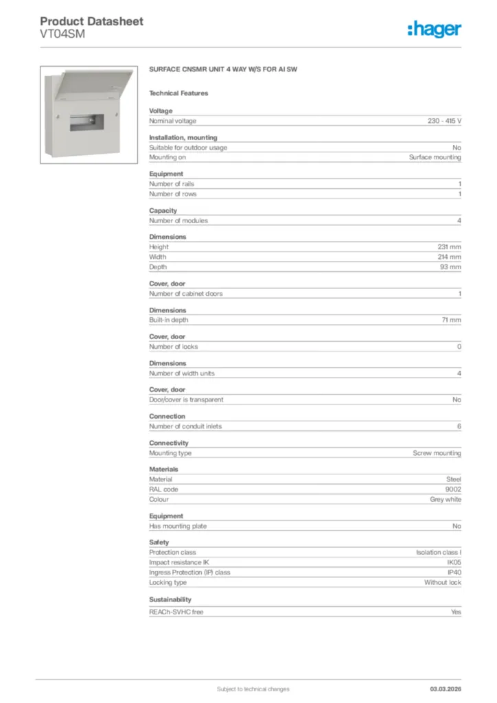 Image Hager Product data sheet VT04SM  | Hager Africa
