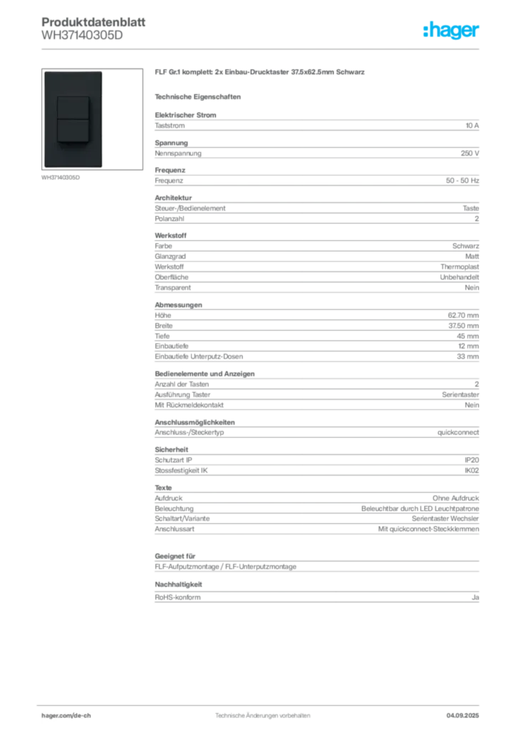Bild Hager Produktdatenblatt WH37140305D | Hager Schweiz