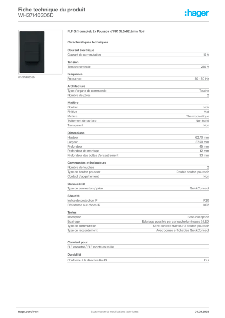 Image Hager Fiche technique du produit WH37140305D | Hager Suisse