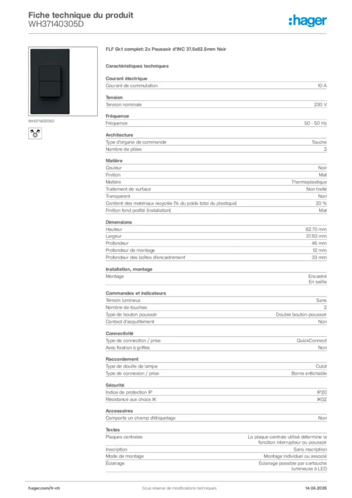 Image Hager Fiche technique du produit WH37140305D | Hager Suisse