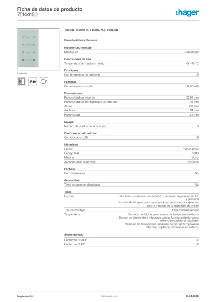 Imagen Hager Ficha de datos de producto 75144150 | Hager España