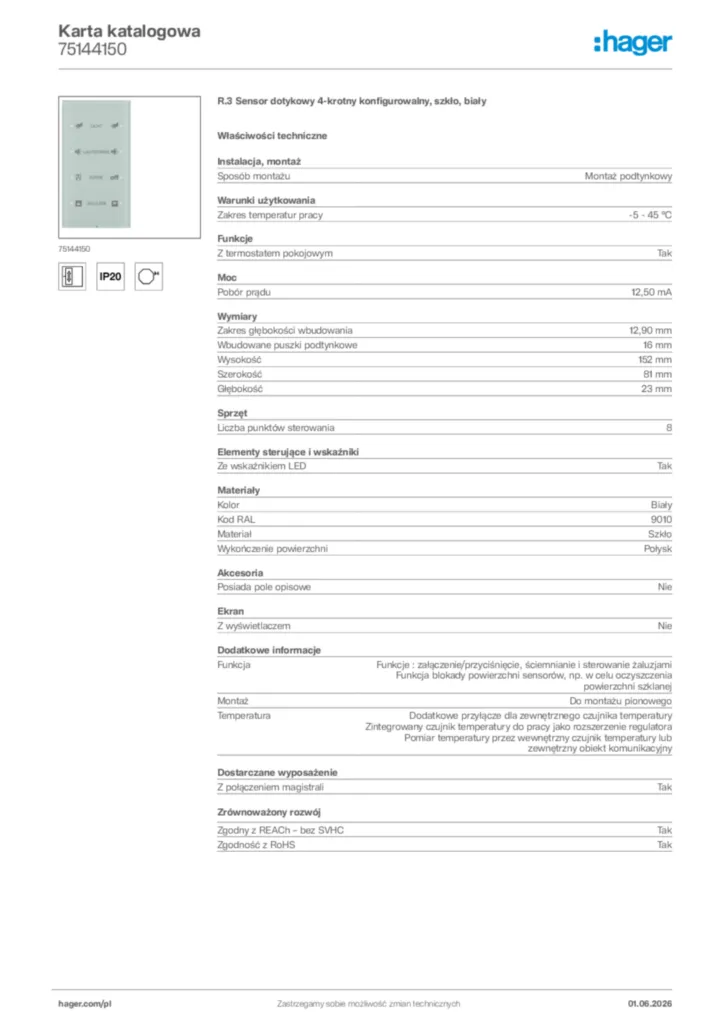 Zdjęcie Hager Karta katalogowa 75144150 | Hager Polska