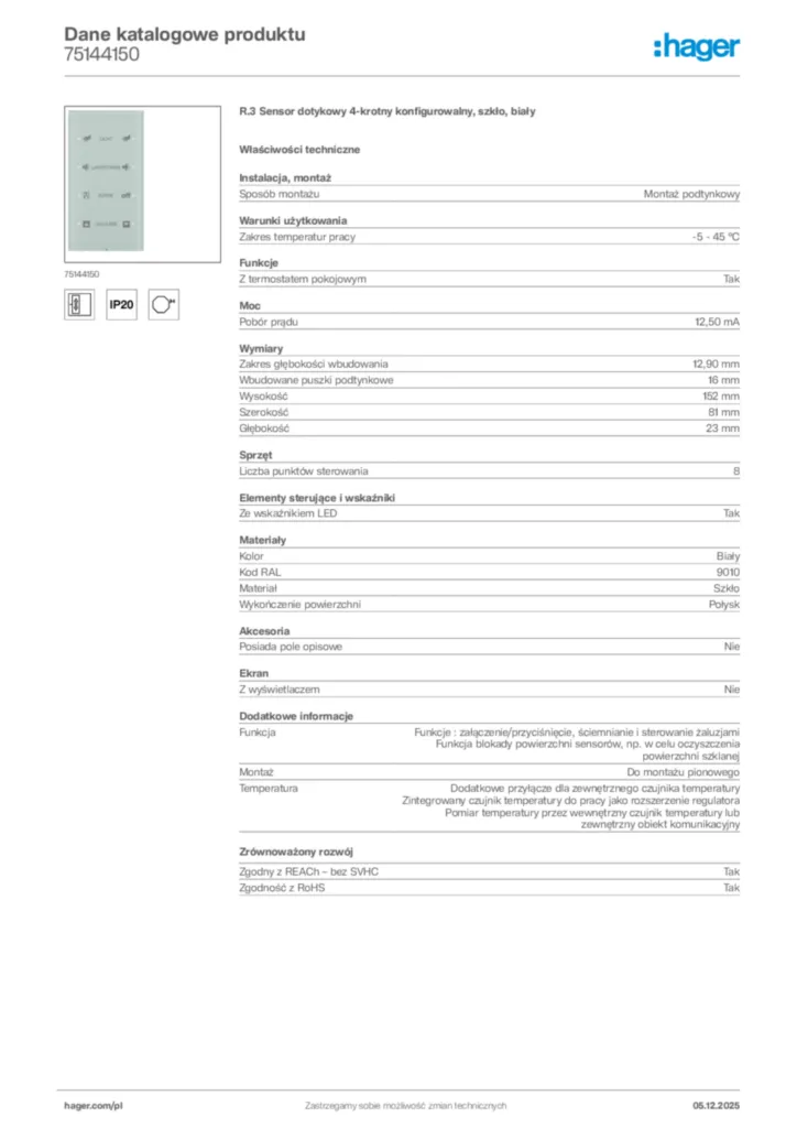 Zdjęcie Hager Karta katalogowa 75144150 | Hager Polska
