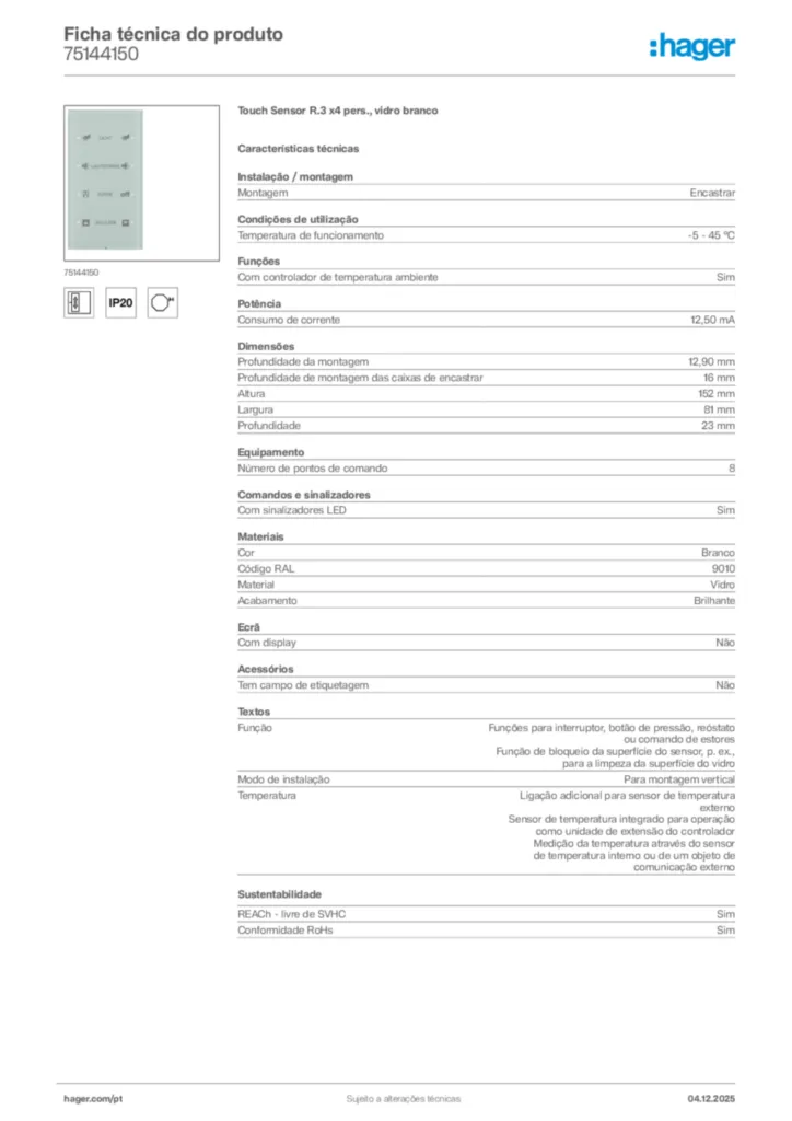 Imagem Hager Ficha técnica do produto 75144150 | Hager Portugal