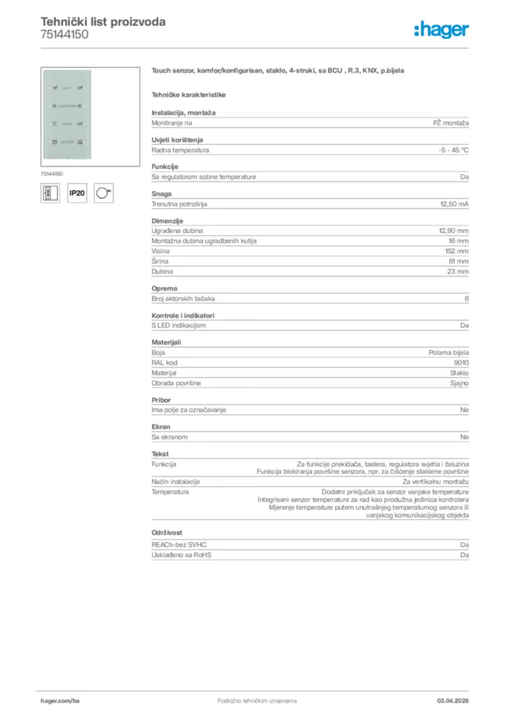 Slika Hager Tehnički list proizvoda 75144150  | Hager