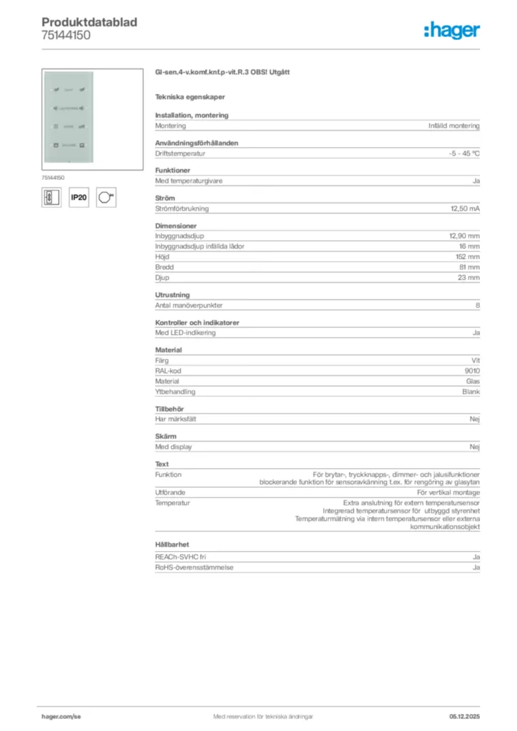 Bild Hager Produktdatablad 75144150 | Hager Sverige