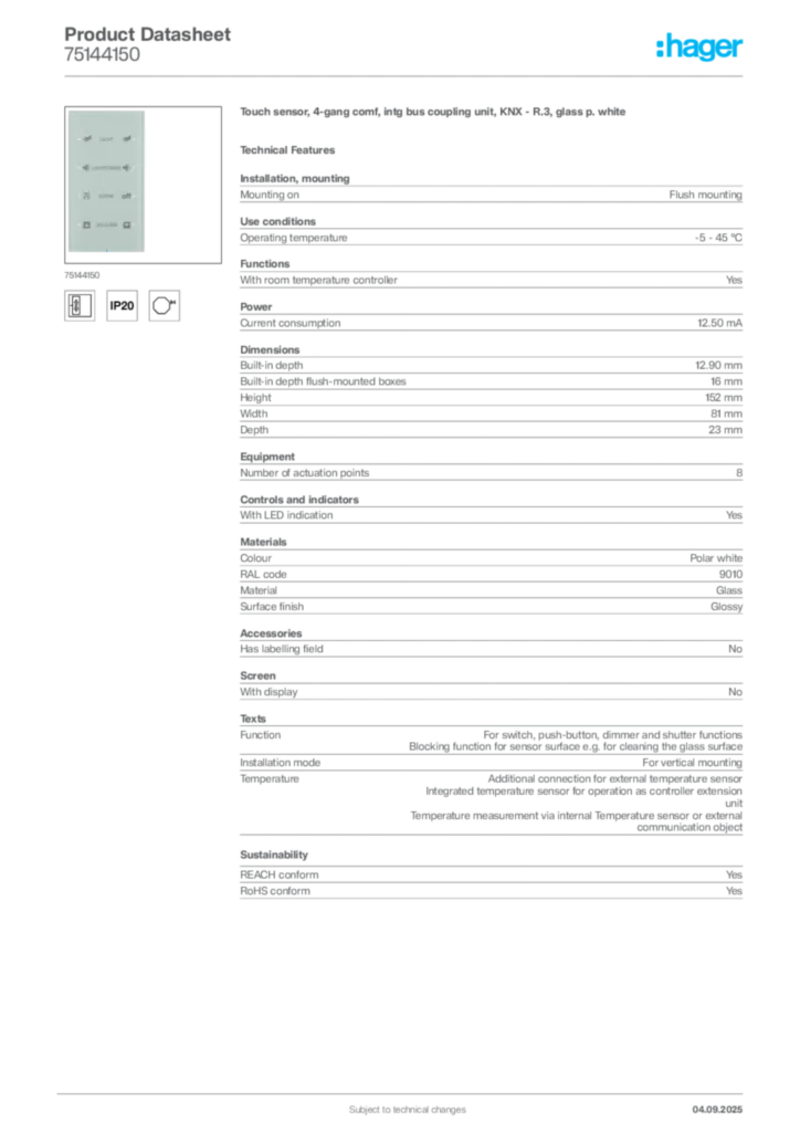 Image Hager Product data sheet 75144150  | Hager