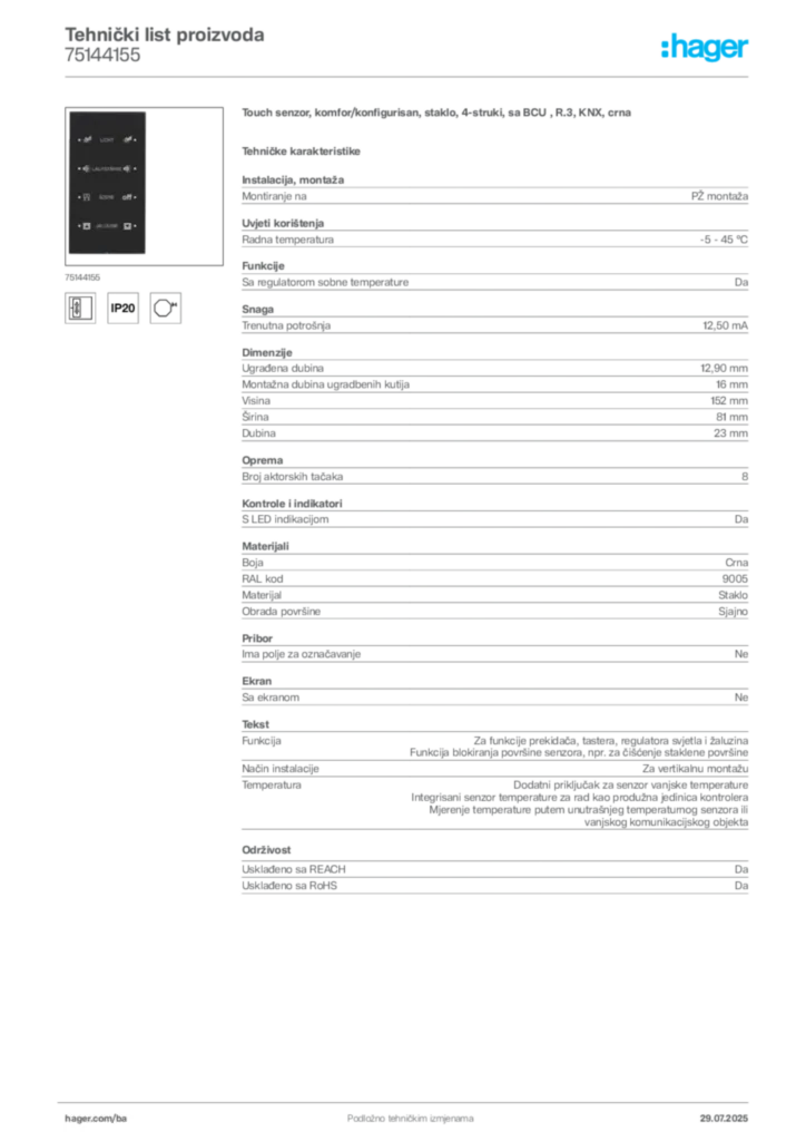 Slika Hager Product data sheet 75144155  | Hager