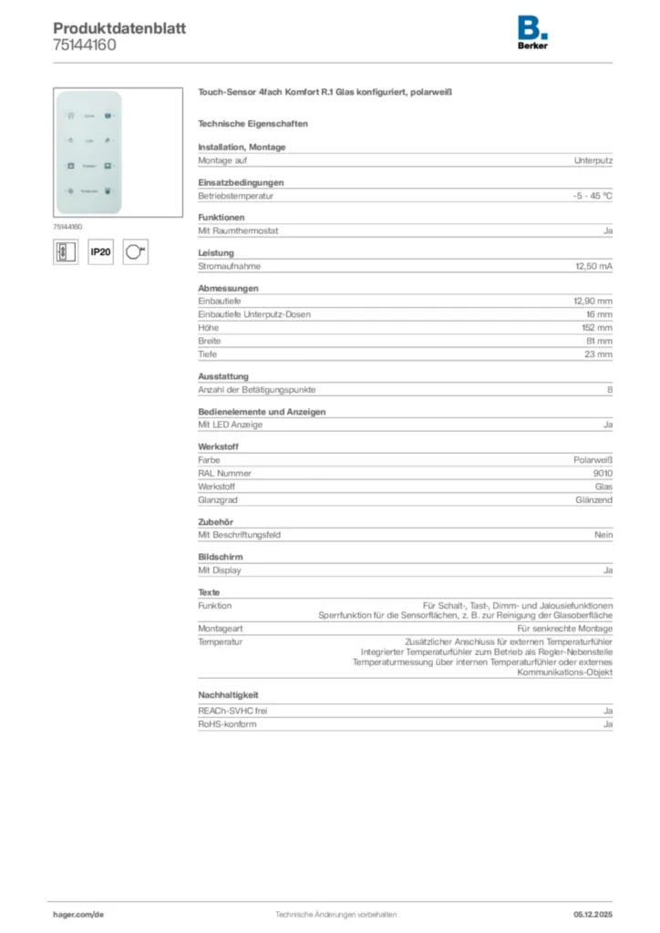 Berker Produktdatenblatt 75144160