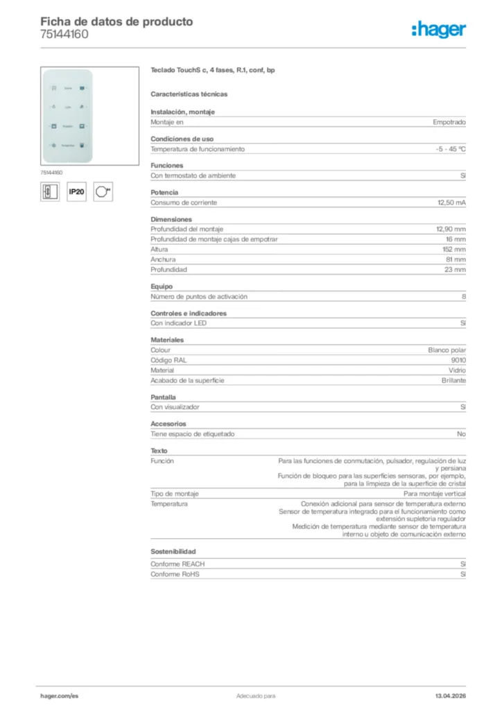 Imagen Hager Ficha de datos de producto 75144160 | Hager España
