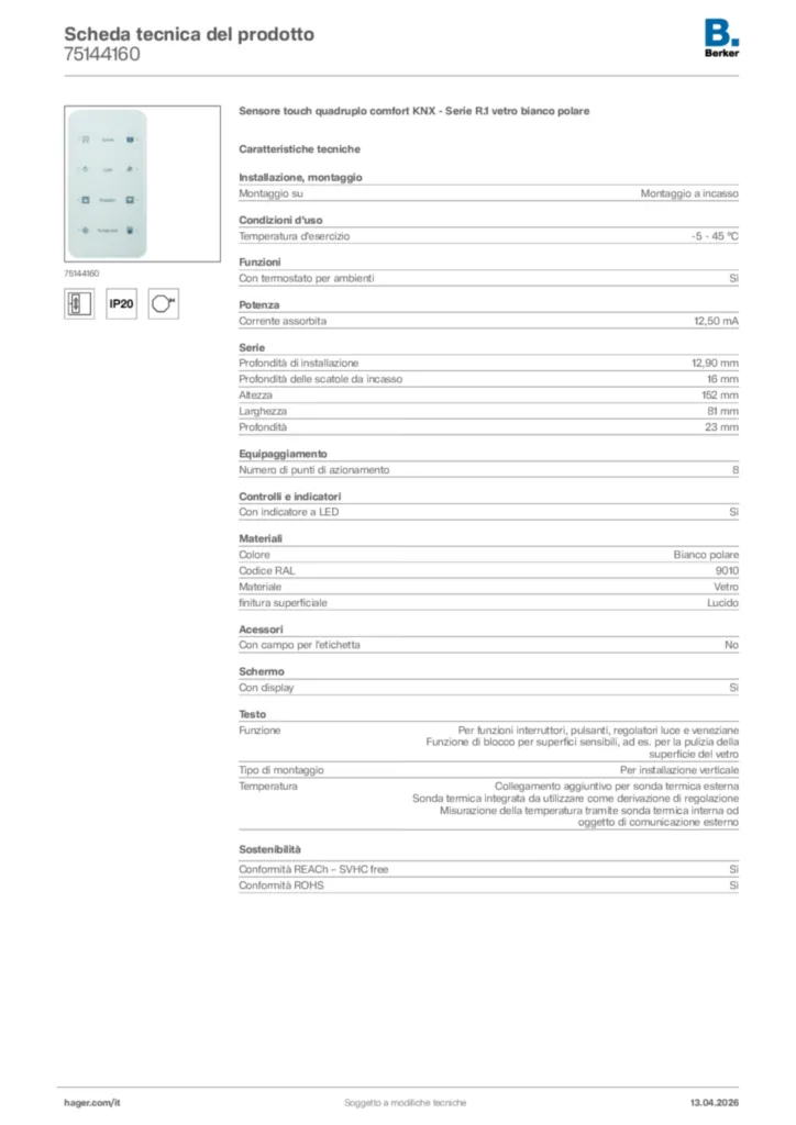 Immagine Berker Scheda tecnica del prodotto 75144160 | Hager Italia