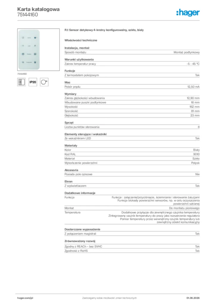 Zdjęcie Hager Karta katalogowa 75144160 | Hager Polska
