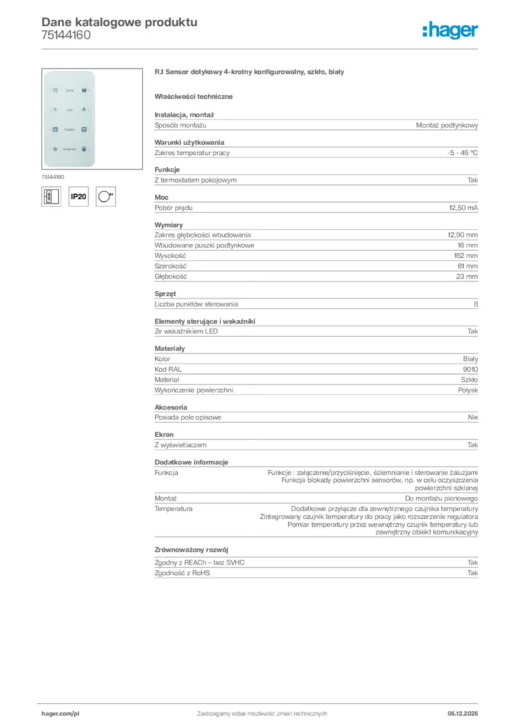 Zdjęcie Hager Dane katalogowe produktu 75144160 | Hager Polska