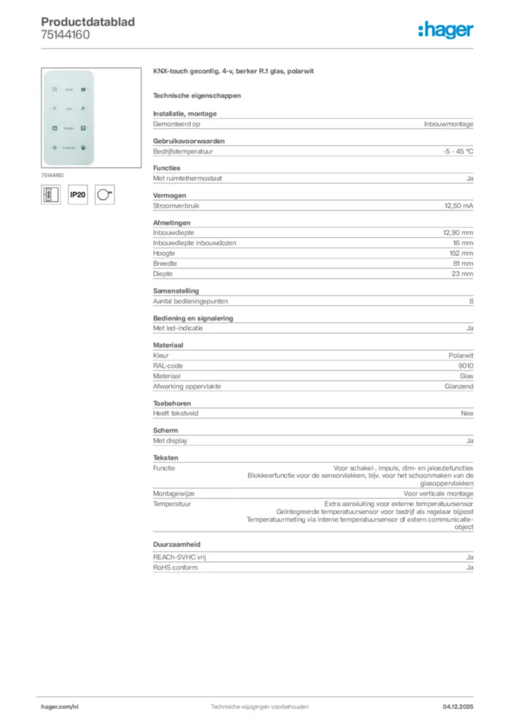 Afbeelding Hager Productdatablad 75144160 | Hager Nederland