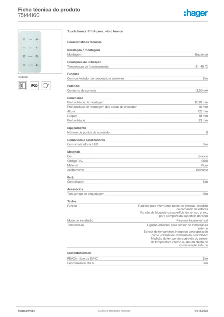 Imagem Hager Ficha técnica do produto 75144160 | Hager Portugal