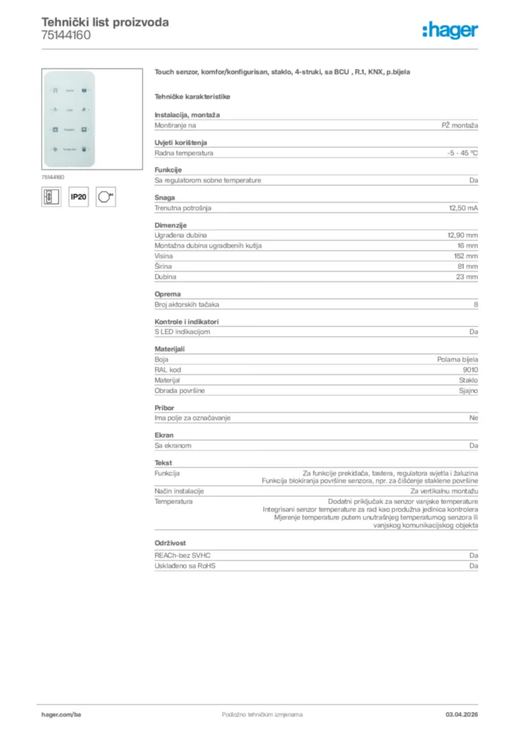 Slika Hager Tehnički list proizvoda 75144160  | Hager