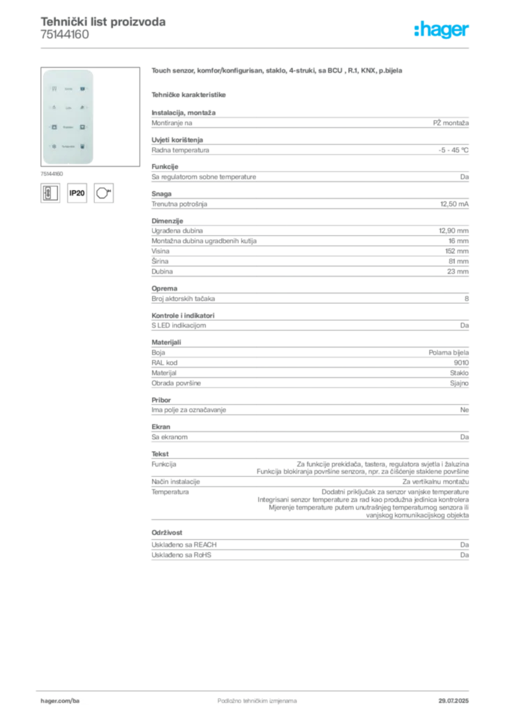 Slika Hager Product data sheet 75144160  | Hager