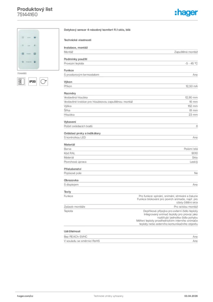 Obrázek Hager Product data sheet 75144160 | Hager