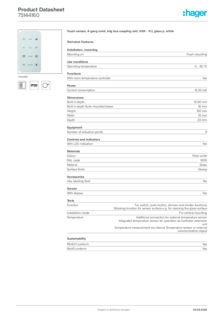 Image Hager Product data sheet 75144160  | Hager