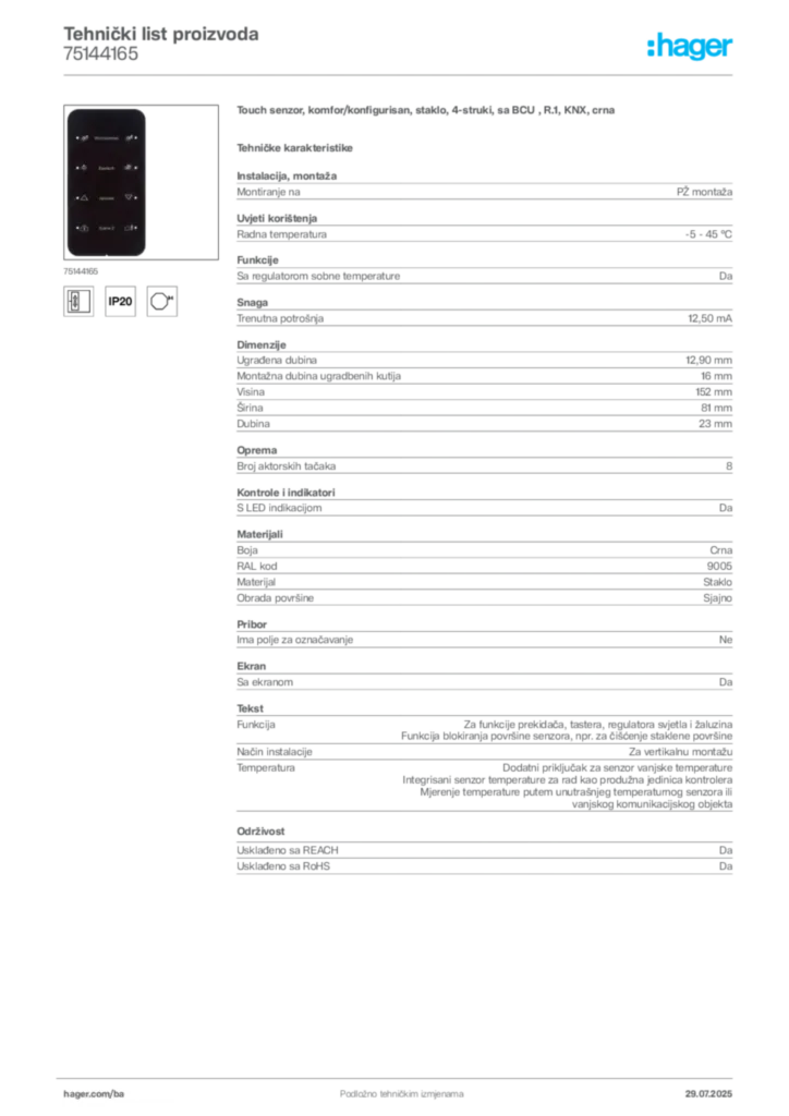 Slika Hager Product data sheet 75144165  | Hager