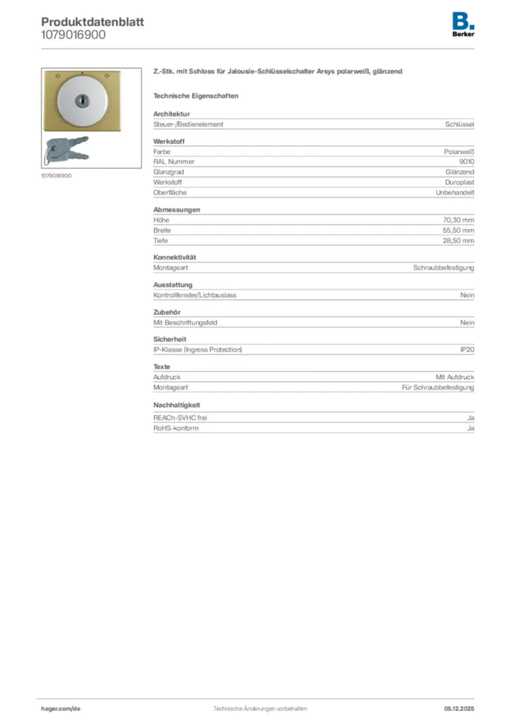 Bild Berker Produktdatenblatt 1079016900 | Hager Deutschland