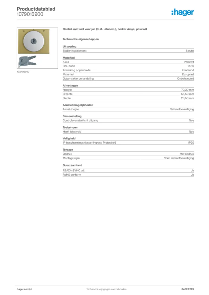 Afbeelding Hager Productdatablad 1079016900 | Hager Nederland