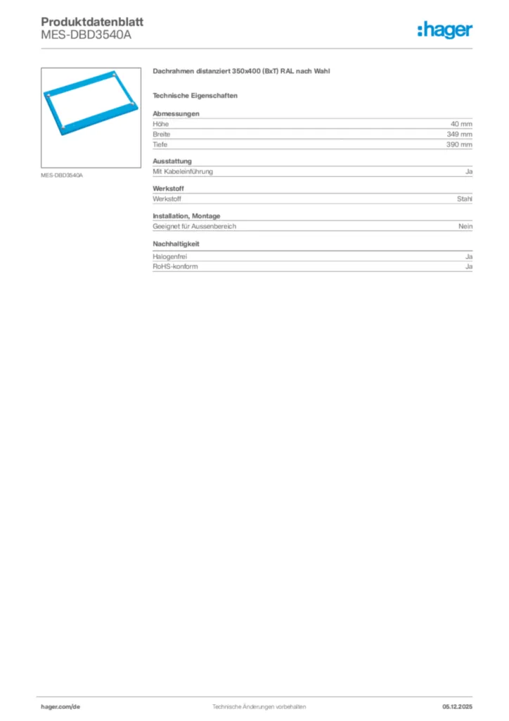 Bild Hager Produktdatenblatt MES-DBD3540A | Hager Deutschland