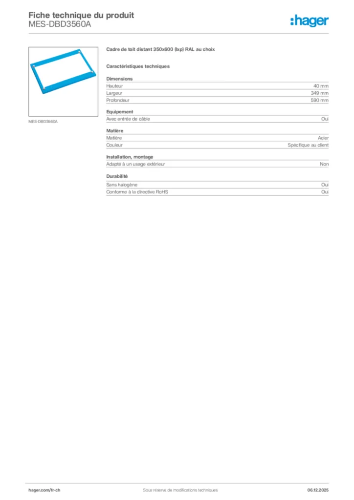 Image Hager Fiche technique du produit MES-DBD3560A | Hager Suisse