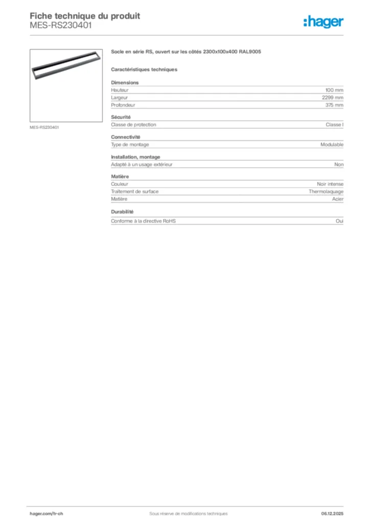 Image Hager Fiche technique du produit MES-RS230401 | Hager Suisse