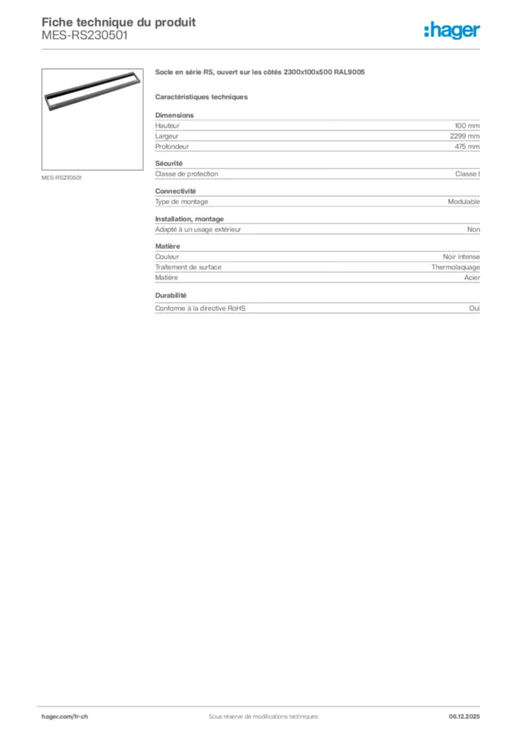 Image Hager Fiche technique du produit MES-RS230501 | Hager Suisse