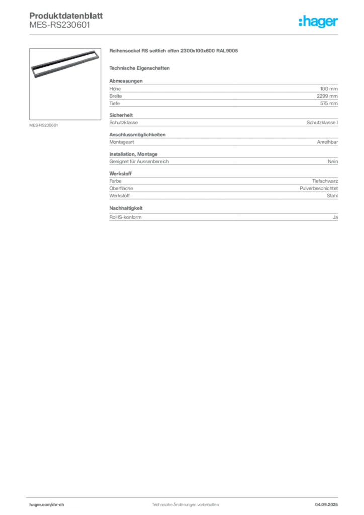 Bild Hager Produktdatenblatt MES-RS230601 | Hager Schweiz
