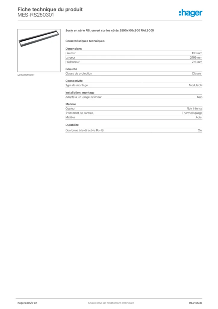 Image Hager Fiche technique du produit MES-RS250301 | Hager Suisse