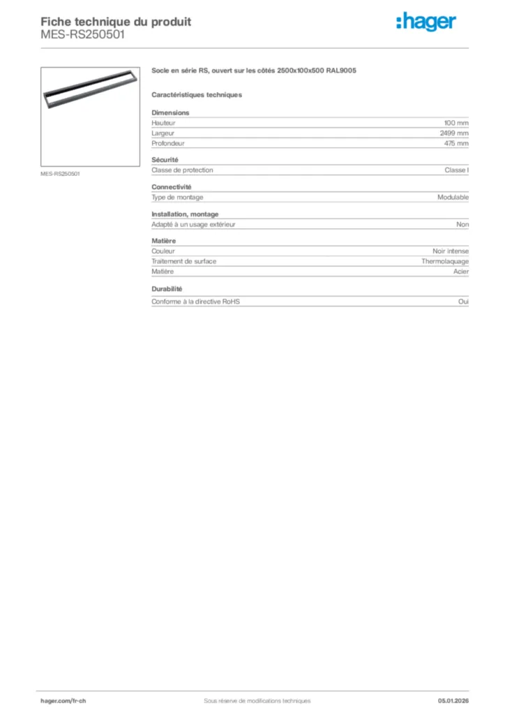 Image Hager Fiche technique du produit MES-RS250501 | Hager Suisse