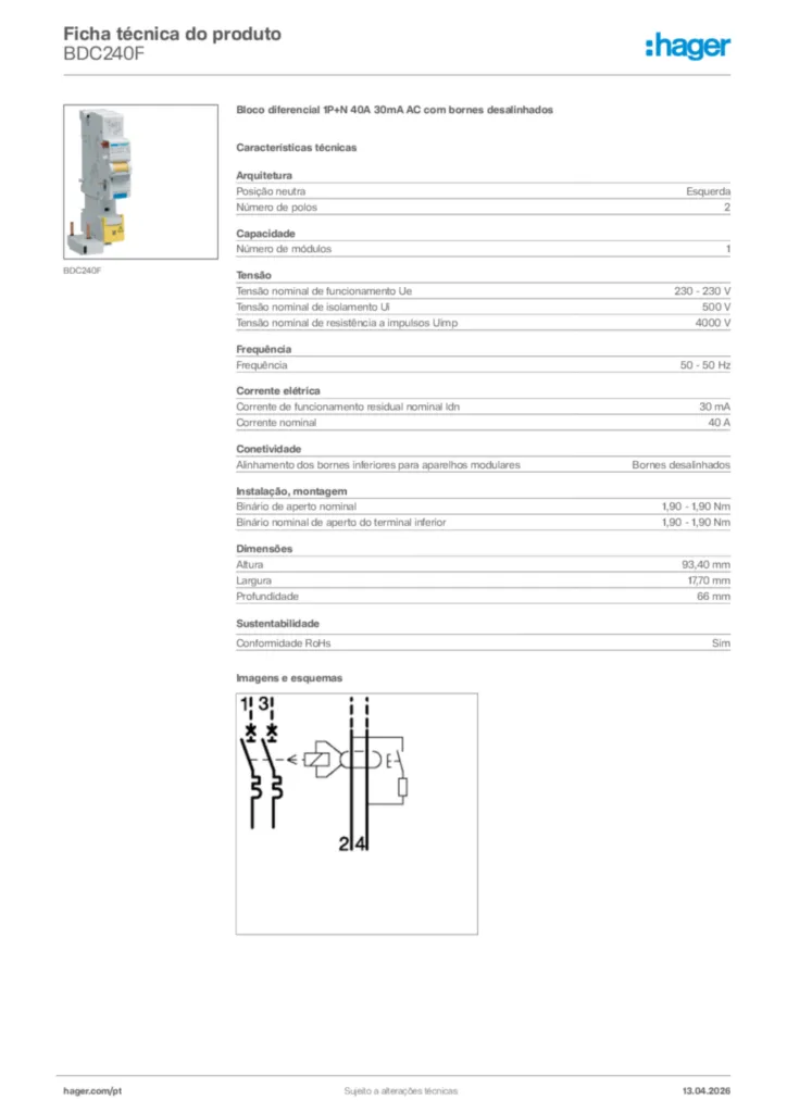 Imagem Hager Ficha técnica do produto BDC240F | Hager Portugal