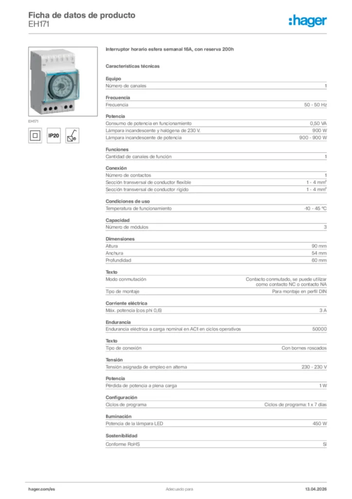 Imagen Hager Ficha de datos de producto EH171 | Hager España