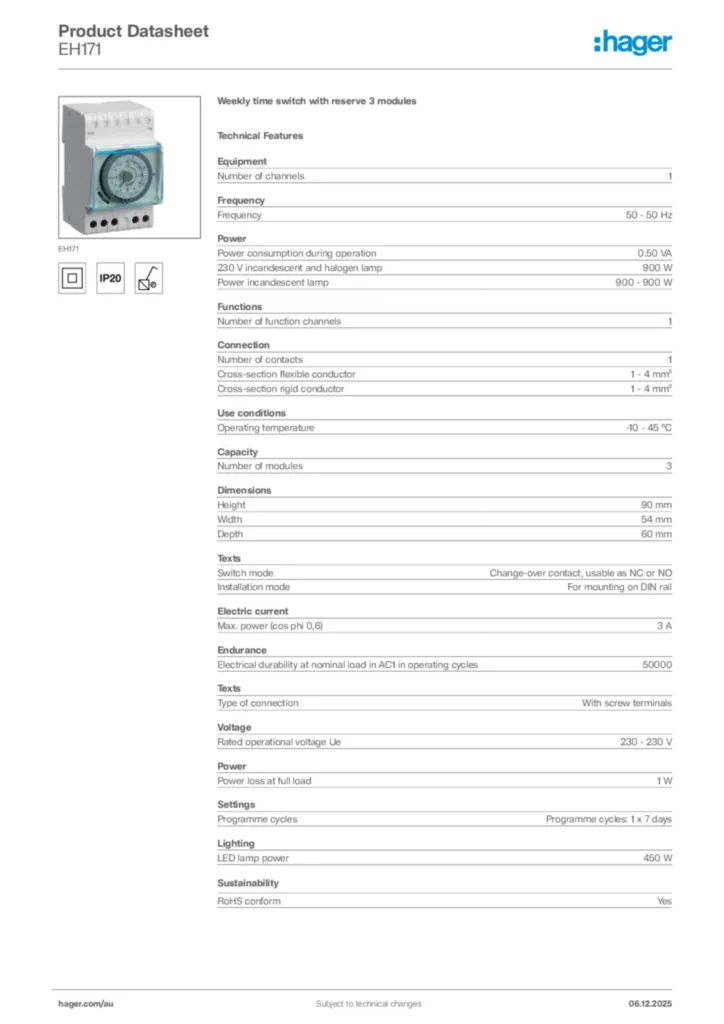 Image Hager Product data sheet EH171  | Hager Australia