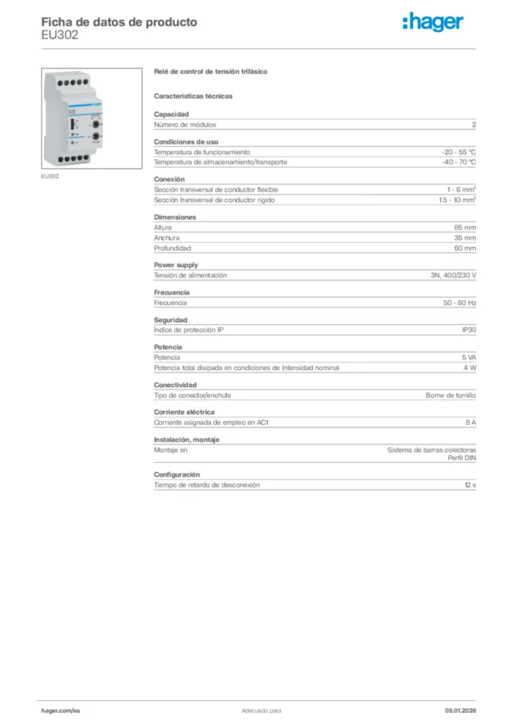 Imagen Hager Ficha de datos de producto EU302 | Hager España