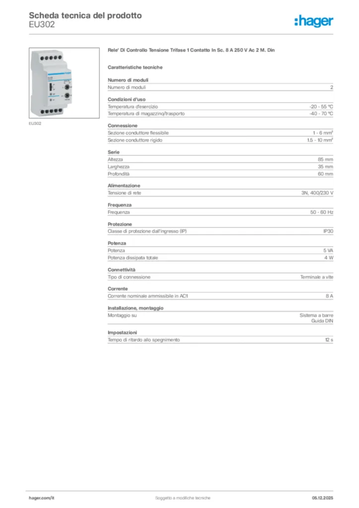 Immagine Hager Scheda tecnica del prodotto EU302 | Hager Italia