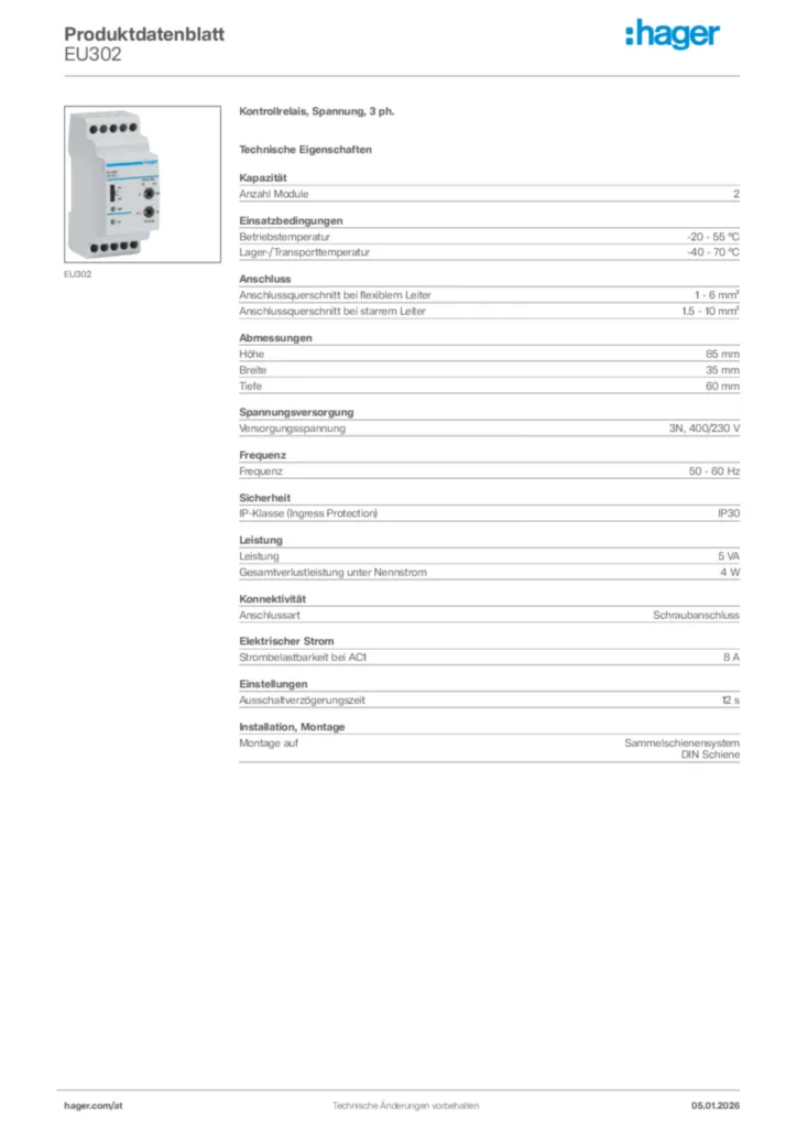 Bild Hager Produktdatenblatt EU302 | Hager Deutschland