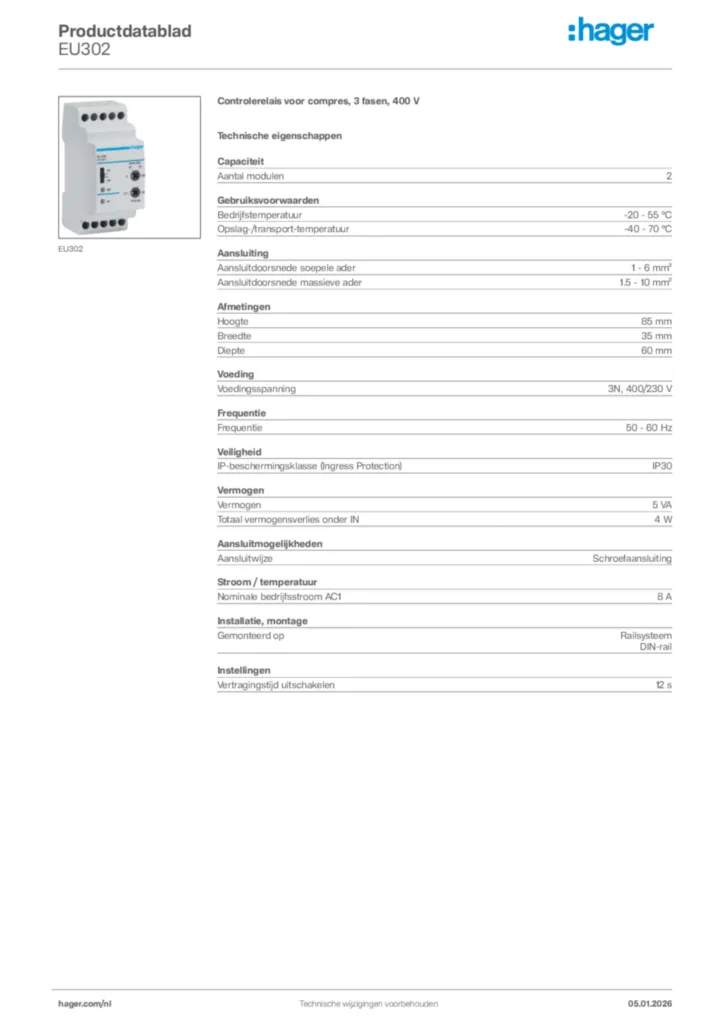 Afbeelding Hager Productdatablad EU302 | Hager Nederland