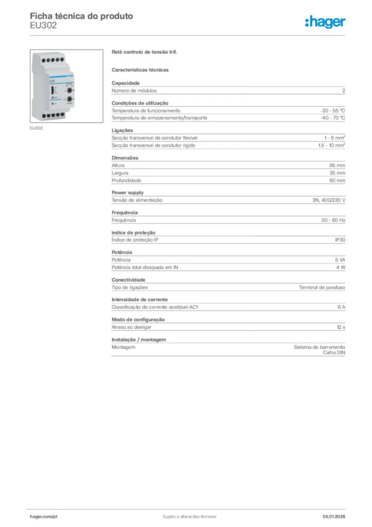 Imagem Hager Ficha técnica do produto EU302 | Hager Portugal