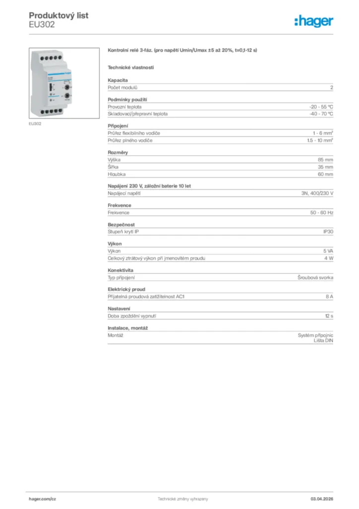 Obrázek Hager Product data sheet EU302 | Hager