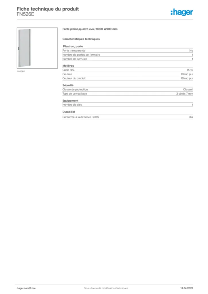 Image Hager Fiche technique du produit FN526E | Hager Belgique