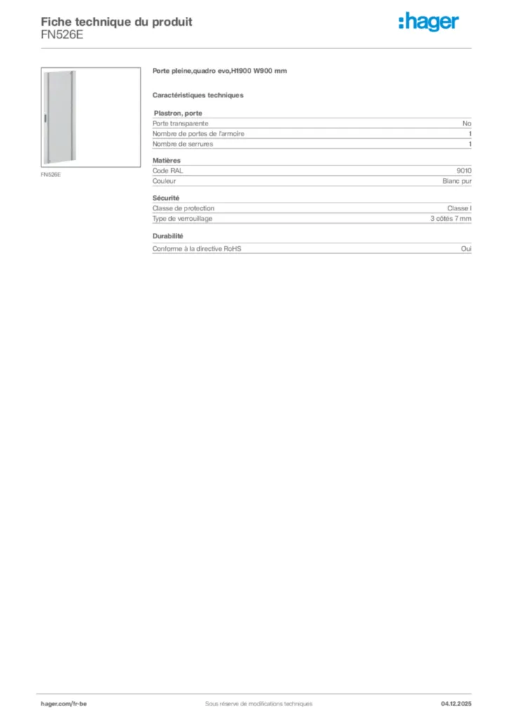 Image Hager Fiche technique du produit FN526E | Hager Belgique