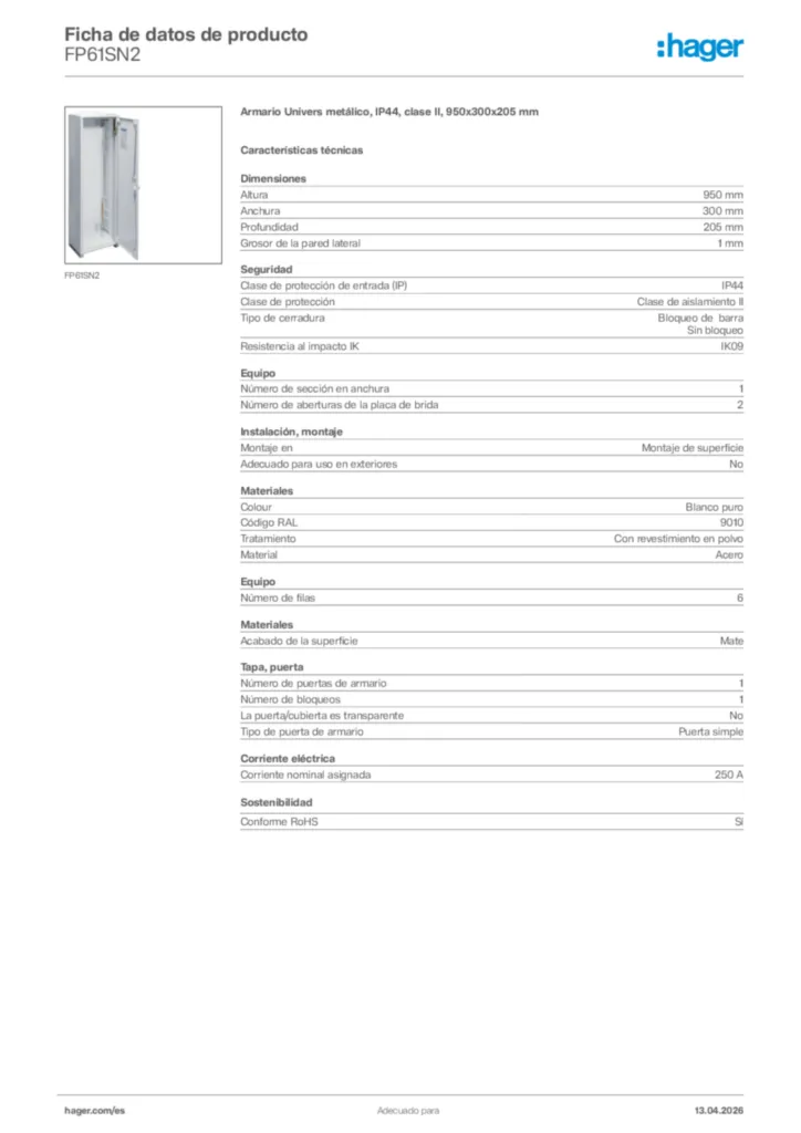 Imagen Hager Ficha de datos de producto FP61SN2 | Hager España