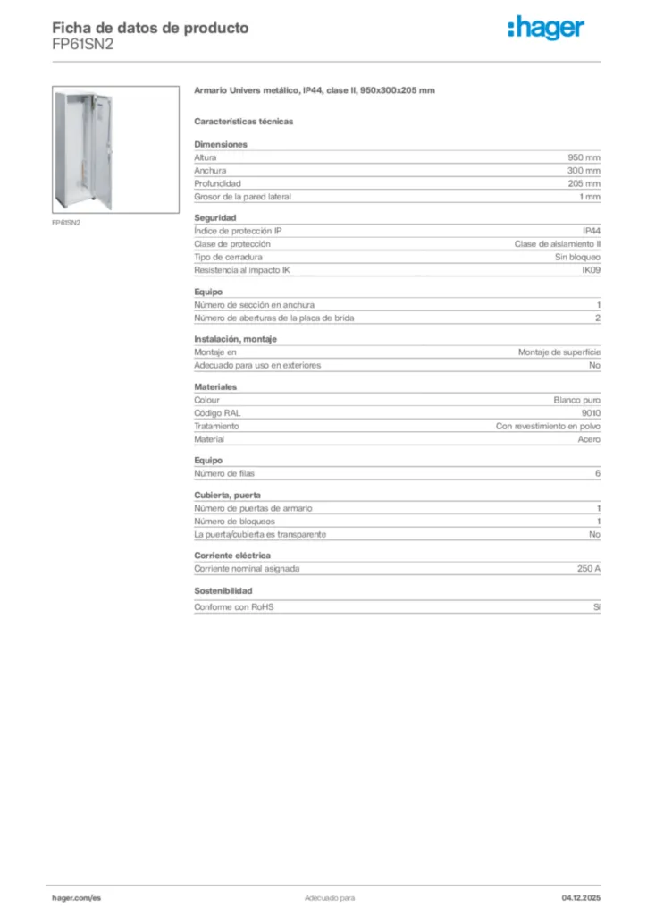 Imagen Hager Ficha de datos de producto FP61SN2 | Hager España