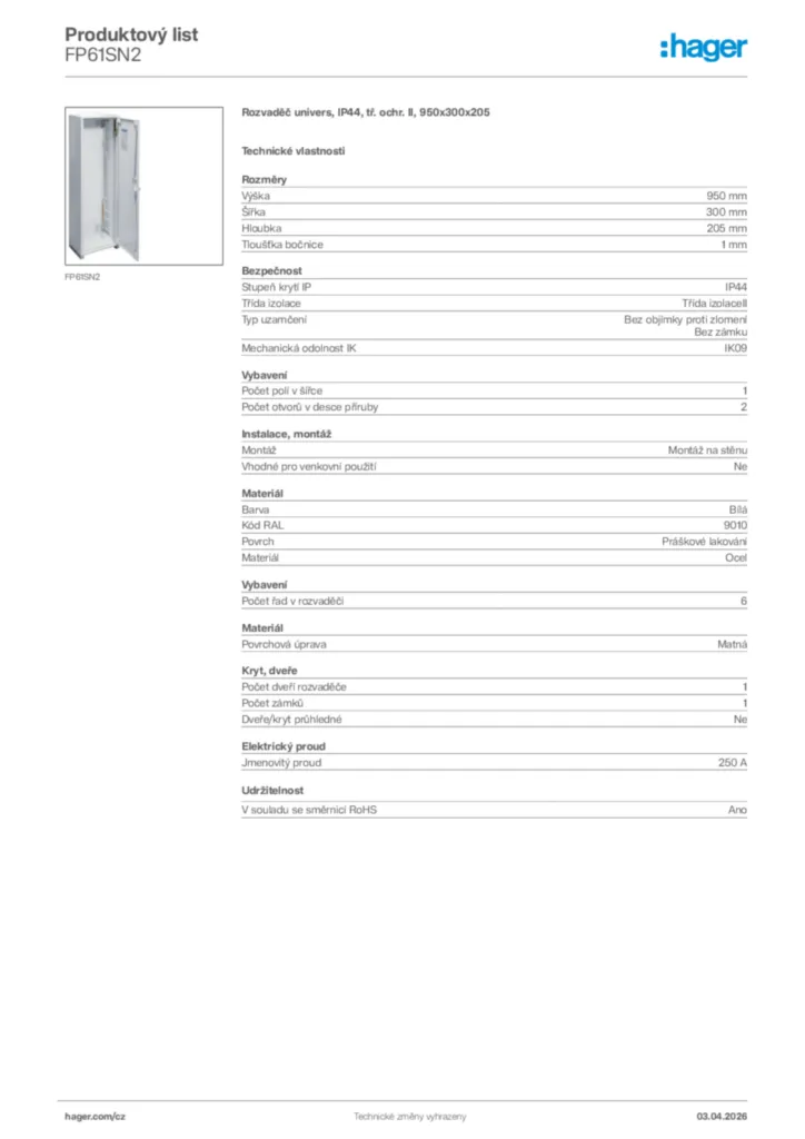 Obrázek Hager Product data sheet FP61SN2 | Hager
