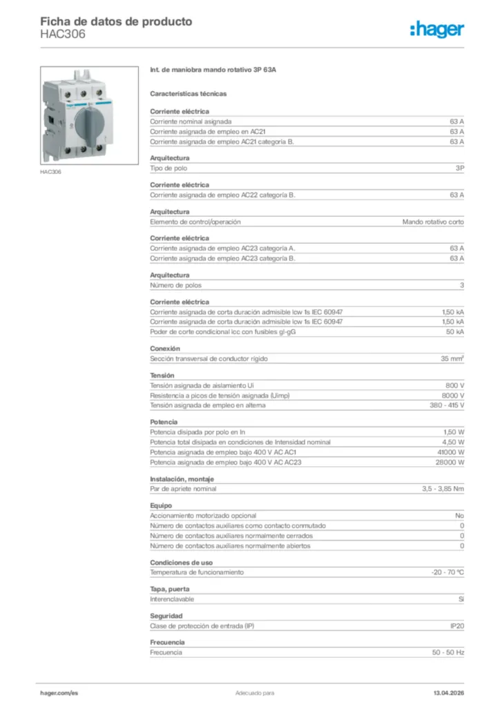 Imagen Hager Ficha de datos de producto HAC306 | Hager España