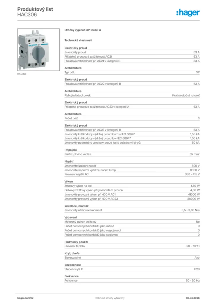 Obrázek Hager Product data sheet HAC306 | Hager