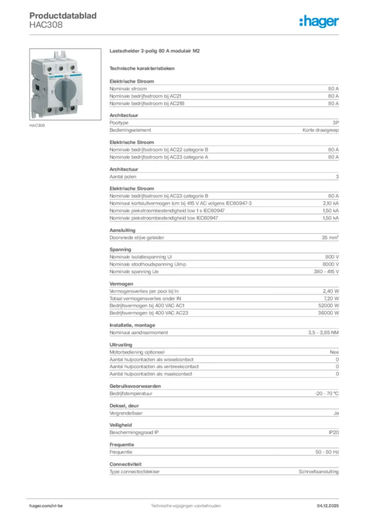 Afbeelding Hager Productdatablad HAC308 | Hager Belgium